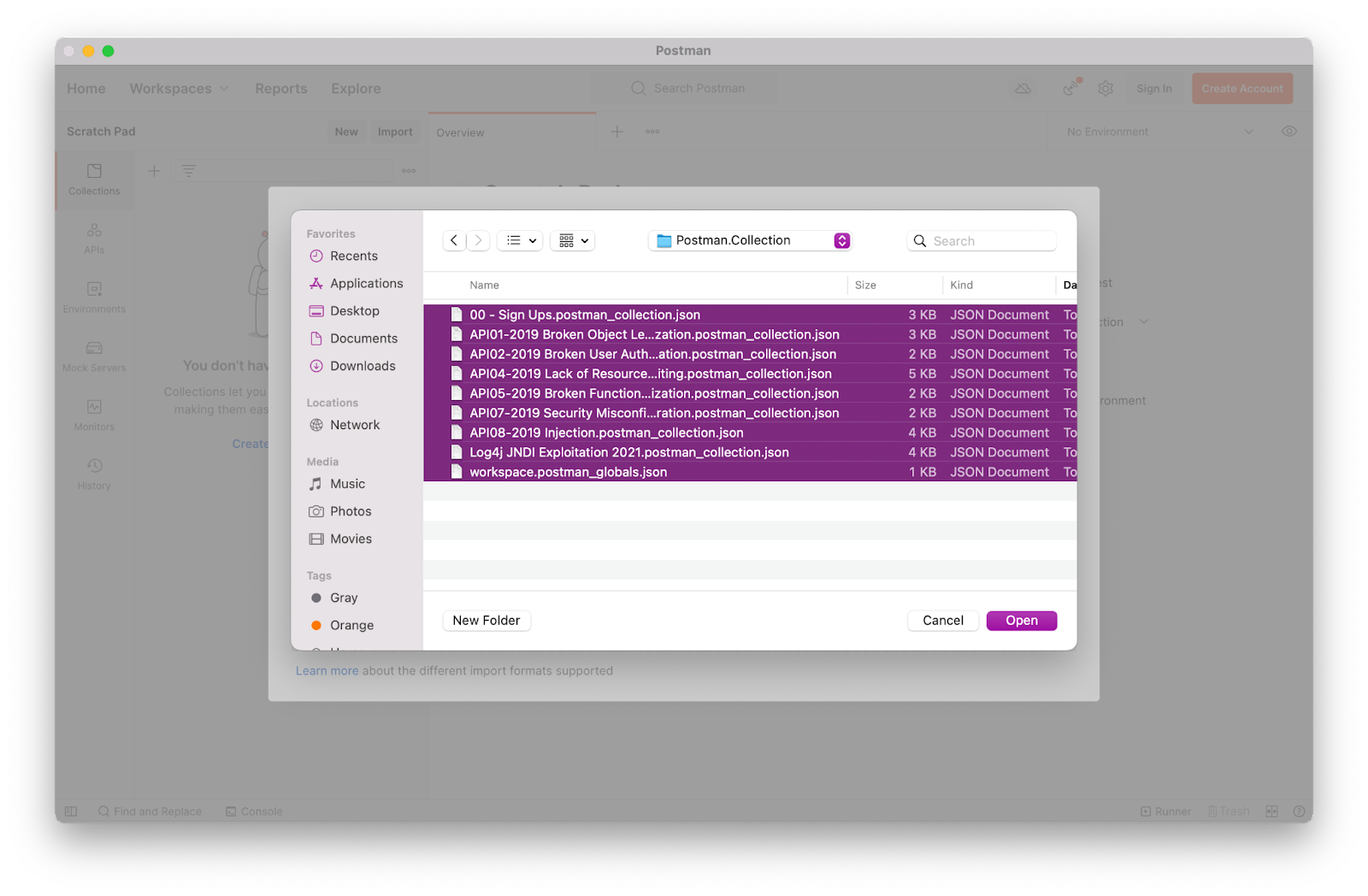 Screenshot of postman selecting files for import